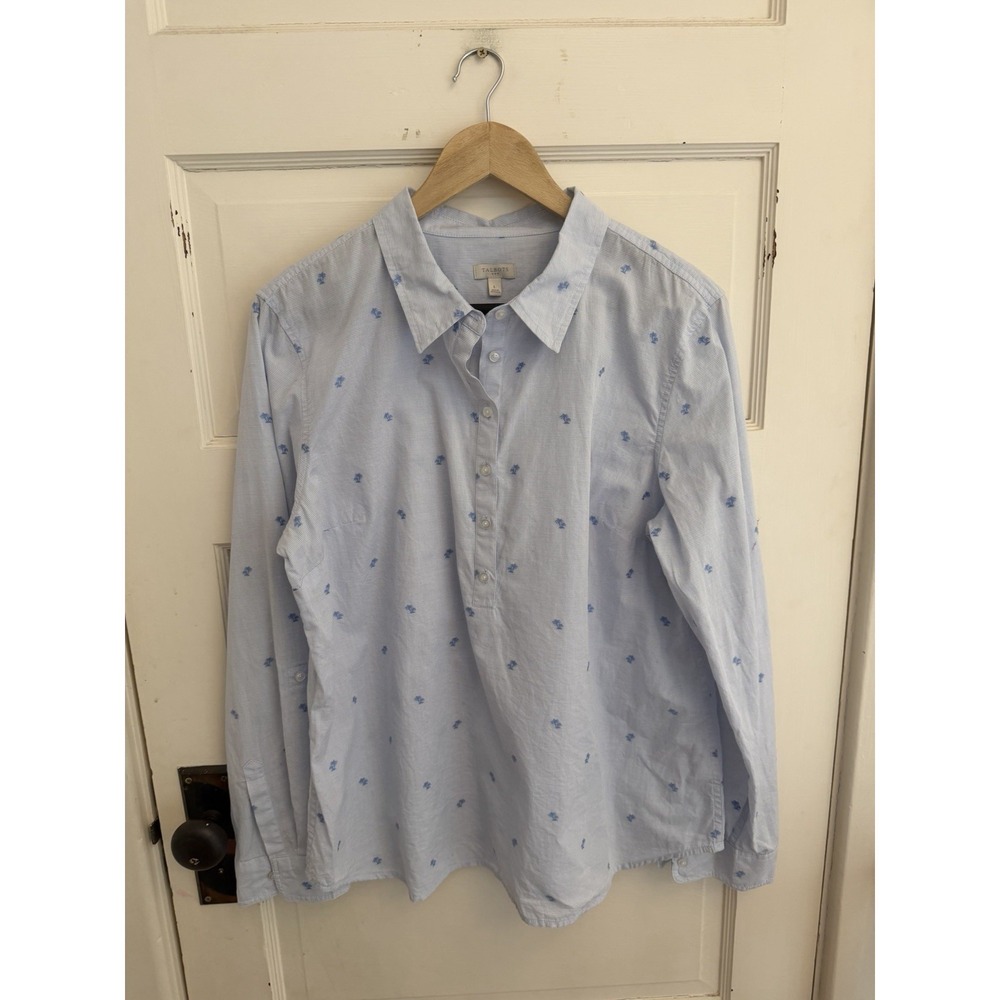 Talbots Blue Tropical Palm Tree Roll Tab Sleeve Blouse Popover Beach Size Large